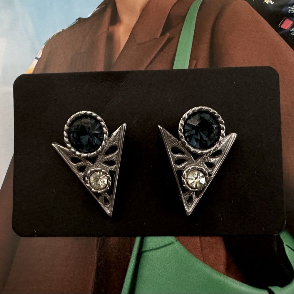 VTG Silver Pewter Triangle Blue Green Stone Earrings